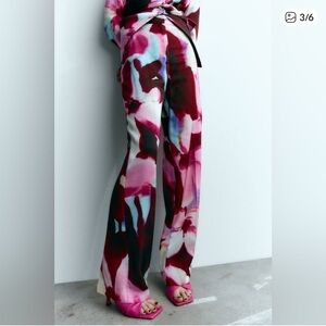 Zara Wide-Leg Printed Satin Pants in Pink and Burgundy